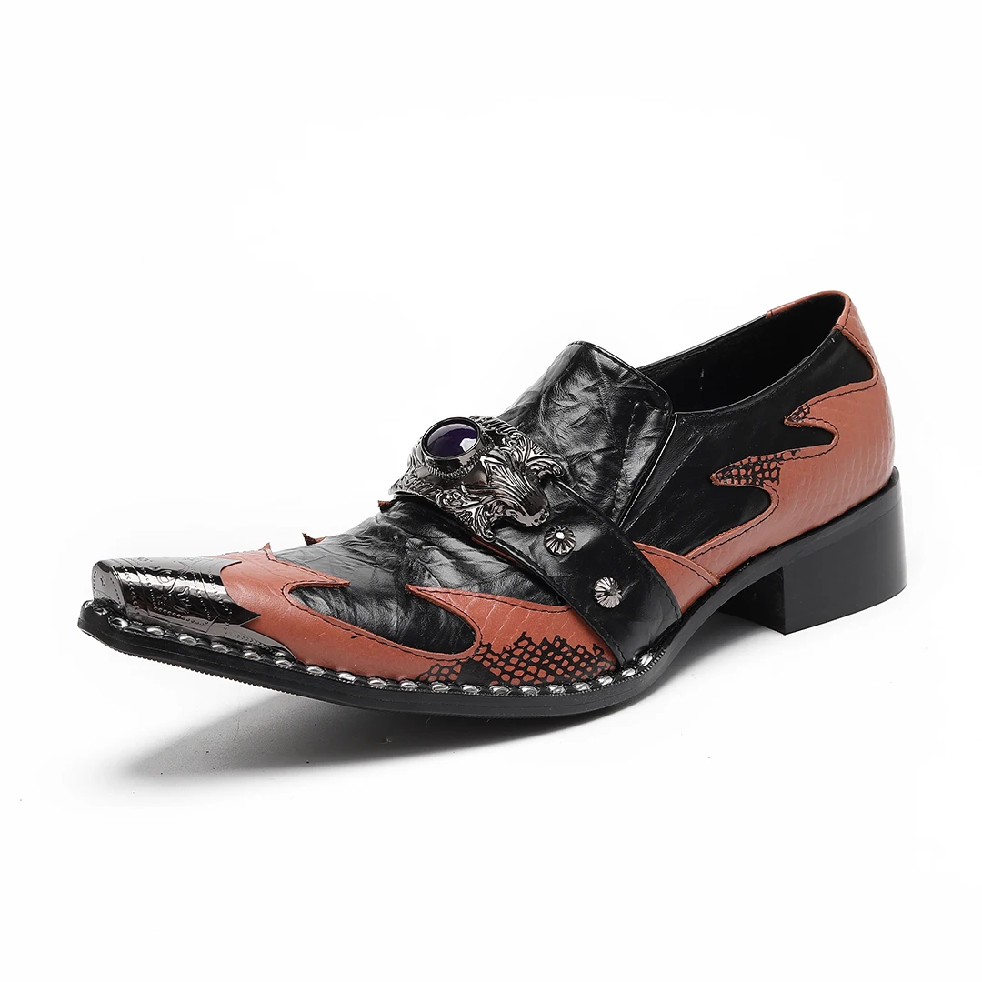 

Fashion Patchwork Cow Leather Men Loafers Large Size Rivets Slip on Brogue Shoes Male Footwear Nightclub Party Formal Dress Shoe
