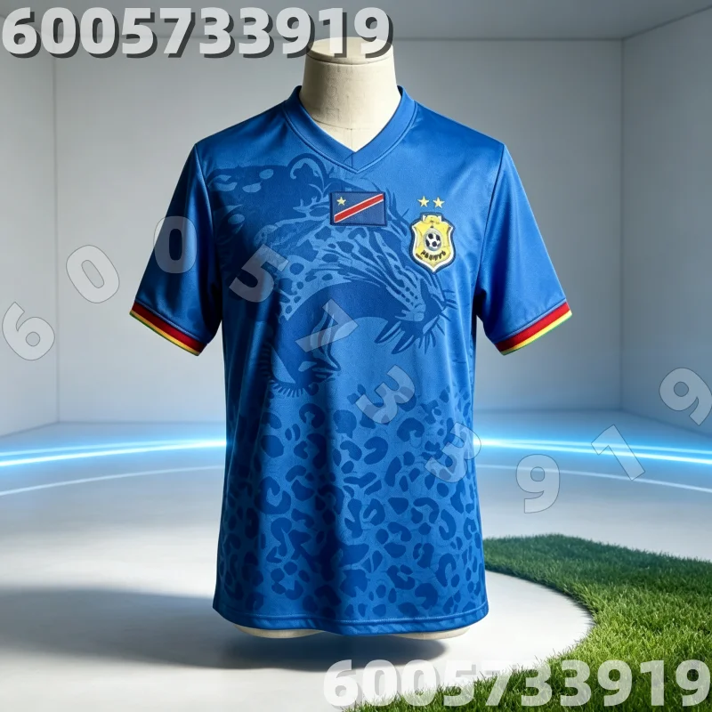2026 Topseller DR Kongo Inspirierte Fußballtrikots für Herren Blaues Leopardenmuster 3D-Druck Shirt Familien-Partnerlook Familien-Kinder-T-Shirts – Detail 1