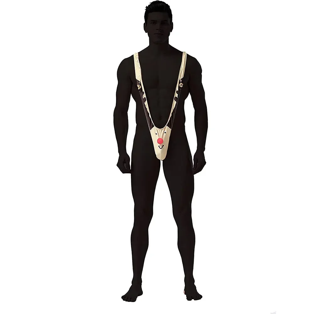 Men’s Christmas Gag Gift Reindeer Mankini Thong Swimsuit One Piece Swimwear Novelty Bodysuit Underwear with Bells Khaki One Size