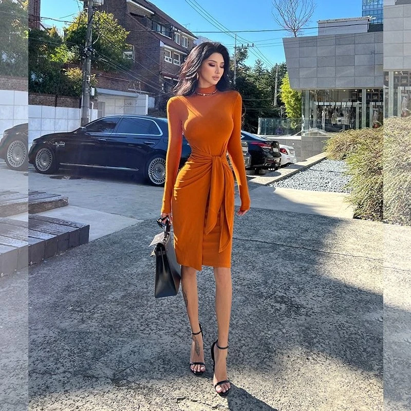 Women’s Sexy Bodycon Dress Double Sided Brushed Fleece Adjustable Tie Waist Tummy Control Slim Fit Flattering Evening Dress