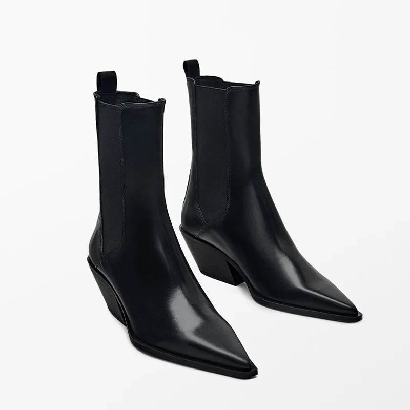 

Withered Minimalist Women's Shoes Fashionable Thick Heel Boots Black Pointed Ankle Boots Leather High Heels Chelsea Boots Woman