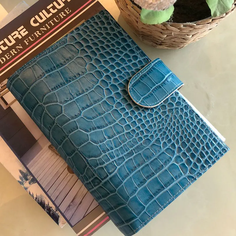 Yiwi Blue Pocket Size Rings Planner Genuine Crocodile Pattern Leather A6 Notebook Agenda Organizer Diary Sketchbook