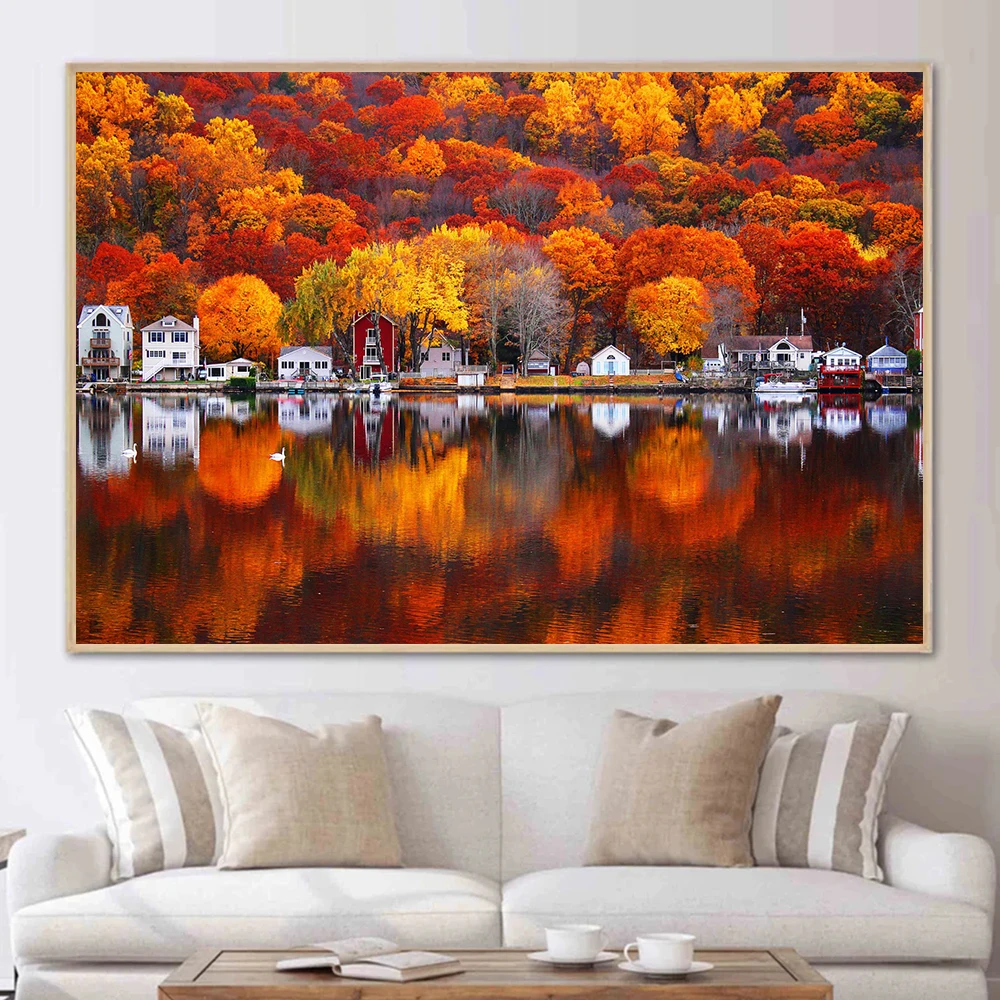 

Autumn Town Landscape Poster Prints For Living Room Home Decor Modern Red Leaf Tree Natural Scenery Canvas Painting Wall Art