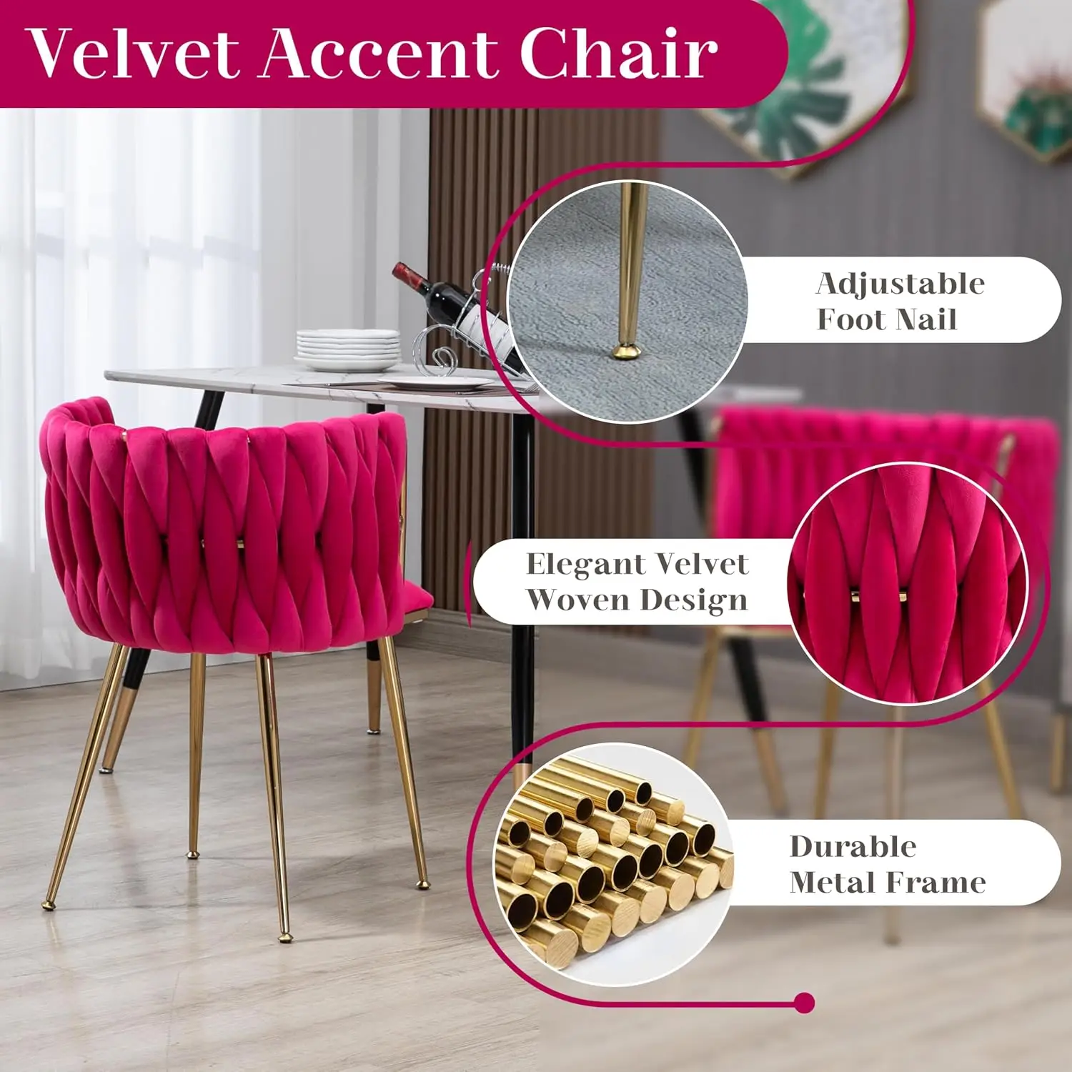 Modern Gold Square Glass Dining Table Set 4-Person Rose Red Woven Chair Apartment Kitchen Minimalist 36
