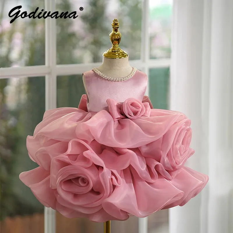 Baby Girls First Birthday Party Princess Dress Childrens Elegant Sweet Pearls O-neck  Sleeveless Tulle 3D Floral Bow Tutu Gown