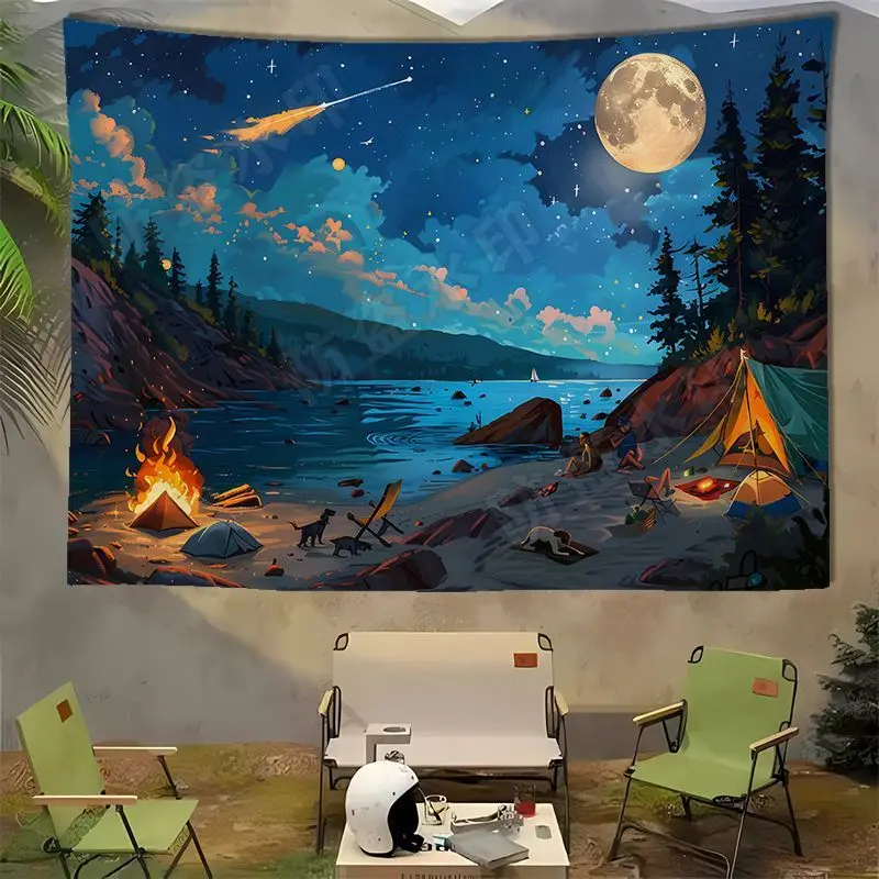 نسيج خلفية للتخييم على شاطئ الغابة من VIKAMA - ديكور خلفية صورة للنزهات الخارجية، معلق على الحائط جمالي عتيق
