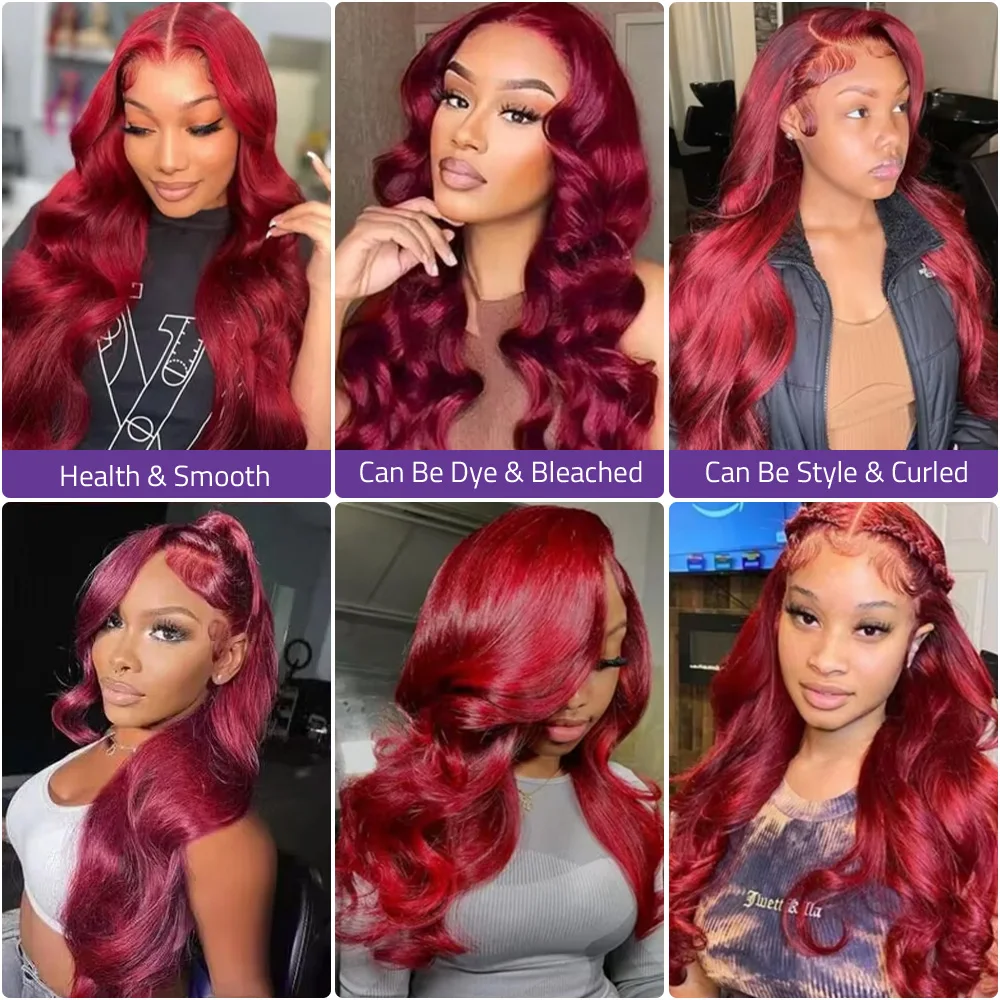 Perruque Lace Front Wig brésilienne naturelle, cheveux Body Wave, bordeaux, 13x4, 30 36 pouces, 13x6 HD, dentelle transparente, couleur 99J