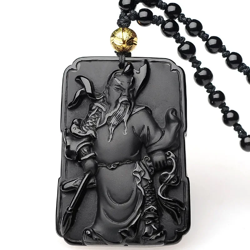 

Natural Black Obsidian Hand Carved Guan Gongyu Pendant Fashion Boutique Jewelry Men's and Women's Wucaishen Necklace Gift