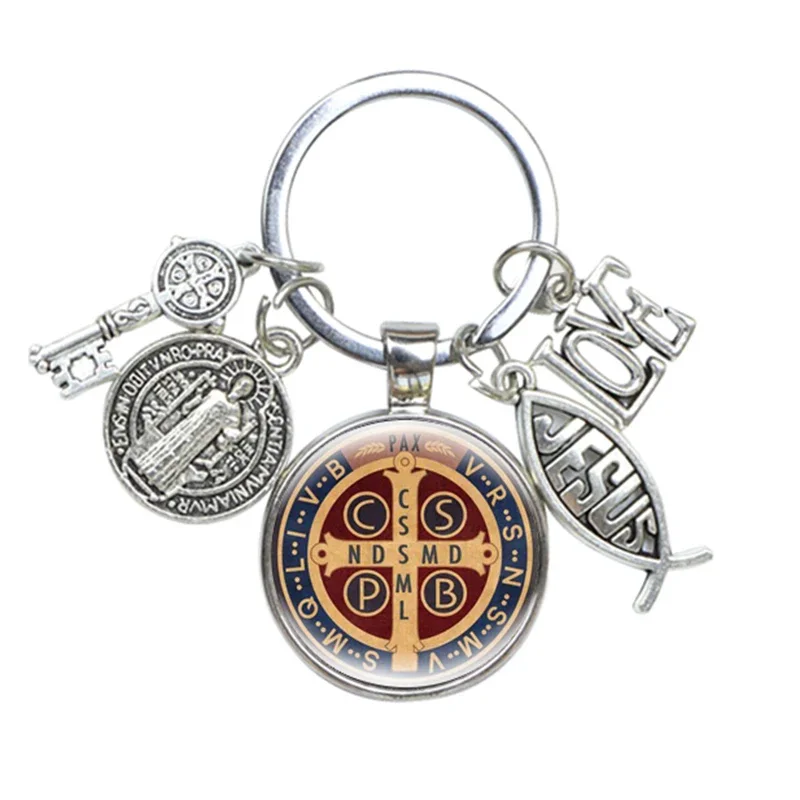 Saint Benedict Medallion Keychain I LOVE JESUS Crafts Charms Domed Glass Catholic San Benito Key Ring Religious Jewelry