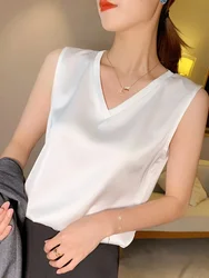 2024 Summer Plus Size Women's Blouse Sleeveless Suspenders V-neck Loose Casual Fashion Vest Women Satin Silk Top Bottoming Shirt