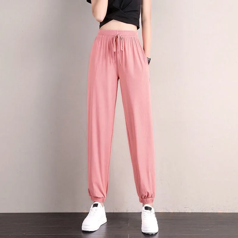 Ice Silk Sports Pants Tie Feet Women Student Loose Large Size Slimming Summer Thin Casual Guard Pants Drop Feeling Pants