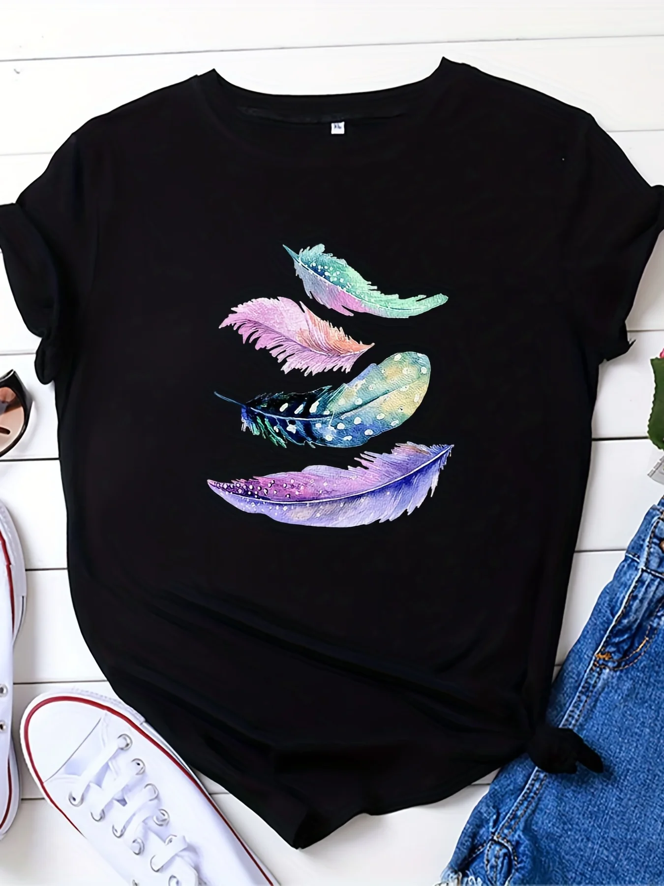 2026 Casual T-shirt Women's Plus Feather Print Short Sleeve Round Neck T-shirt Harajuku Sleeve Clothing Street Aesthetic Clothes
