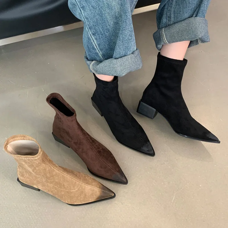 2024 Fashion Women Boots Brand Booties Thick Low Heel Pointed Toe Ankle Boots Casual Back Zipper Chelsea Boot Winter Shoes Mujer