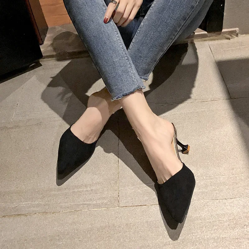 Sandalias de tacón bajo para mujer, zapatos de tacón fino con punta estrecha, informales, cómodos, sexys, para banquete, para verano y otoño, 2024