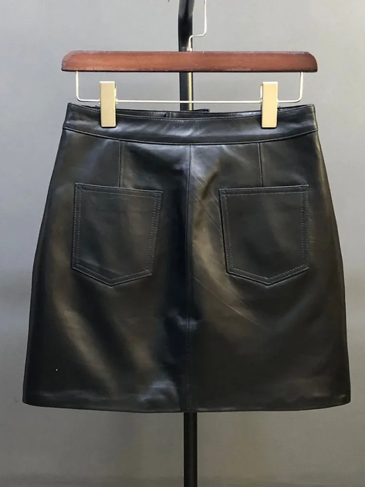 Fashion Ladies Button Pockets Genuine Leather Slim Oil Wax Cowhide Mini Skirt Solid Color Sheepskin Handmade A Line Skirts