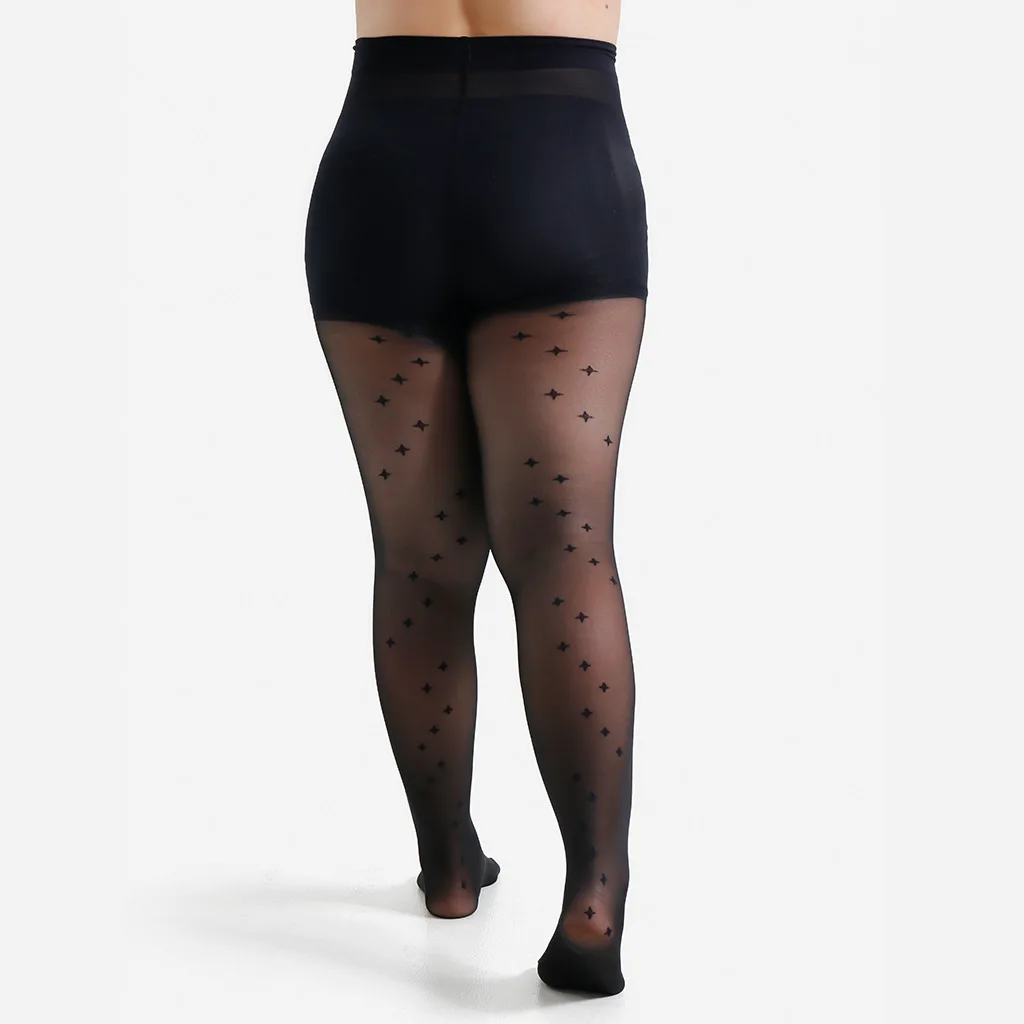 Damen Übergröße 4XL 20 Denier Schwarze Strumpfhose mit Sternenmuster auf der Rückseite Transparente Strumpfhose mit Formgebendem Bund – Detail 5