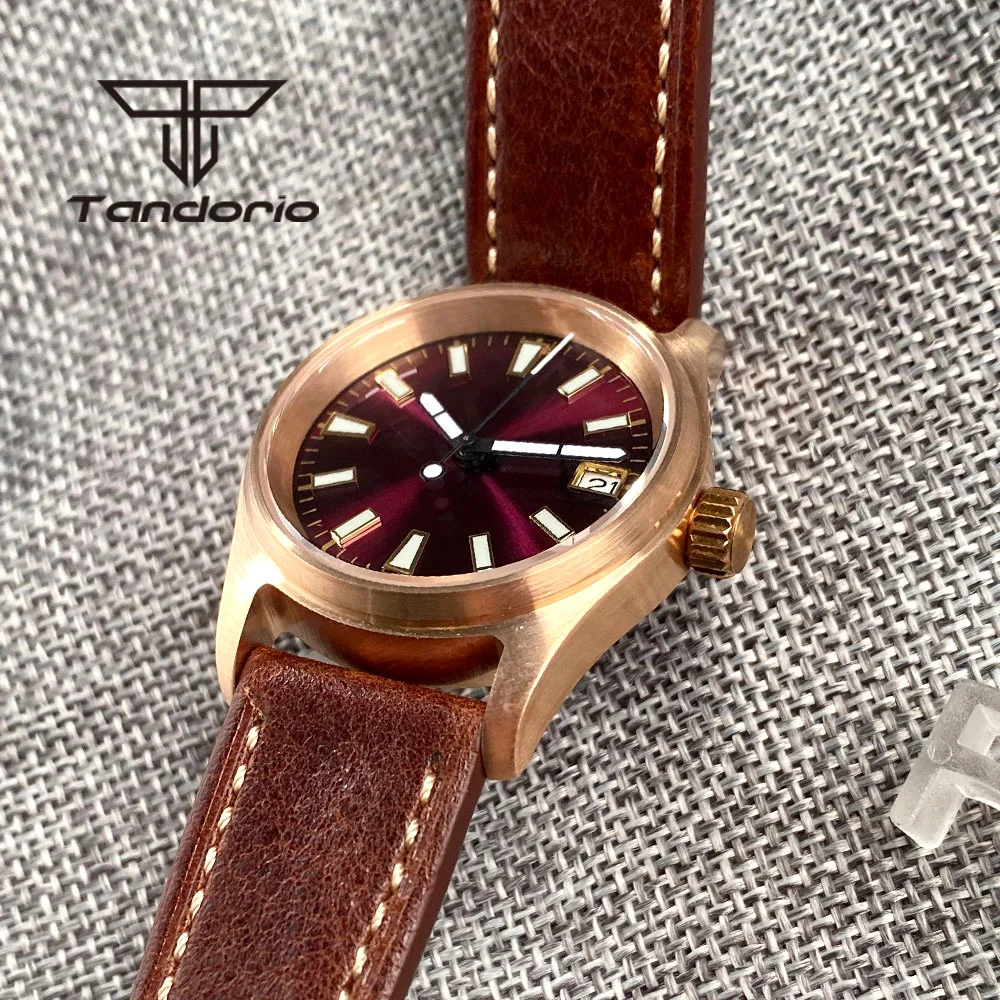 Tandorio NH35A Cusn8 Bronze 200M 36mm Lady Men\'s Pilot Automatic Watch Luminous Purple Sunburst Dial Sapphire Glass Date Leather