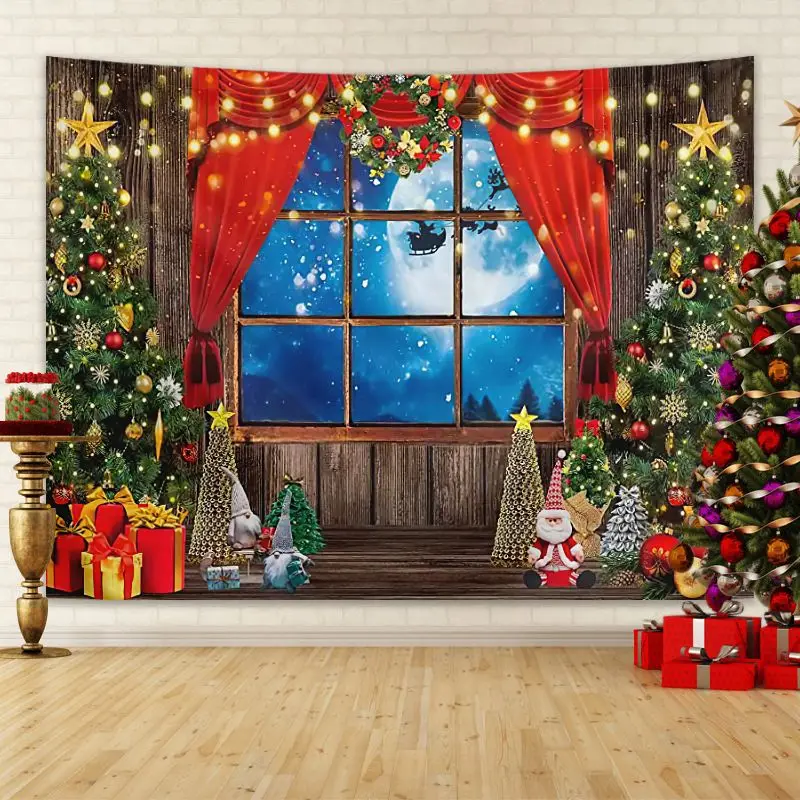 VIKAMA Stone Fireplace Christmas Tapestry, Cozy Wall Hanging Background Cloth for Living Room Festive Decor