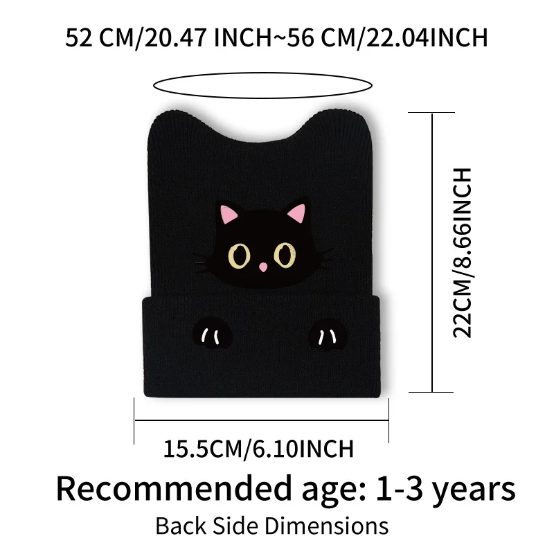 1‑3 Years Toddler Cat Ear Knit Cold Hat Cute Black Cat Cartoon Print Kids Soft Knitted Beanie Party Daily Accessory view 2