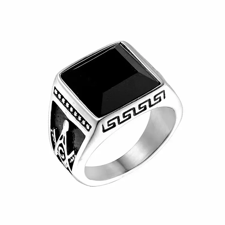 PSJ Fashion Jewelry AG Freemasonry 14MM Vintage Black Onyx Inlay Gold Plated Titanium Stainless Steel Finger Rings for Men