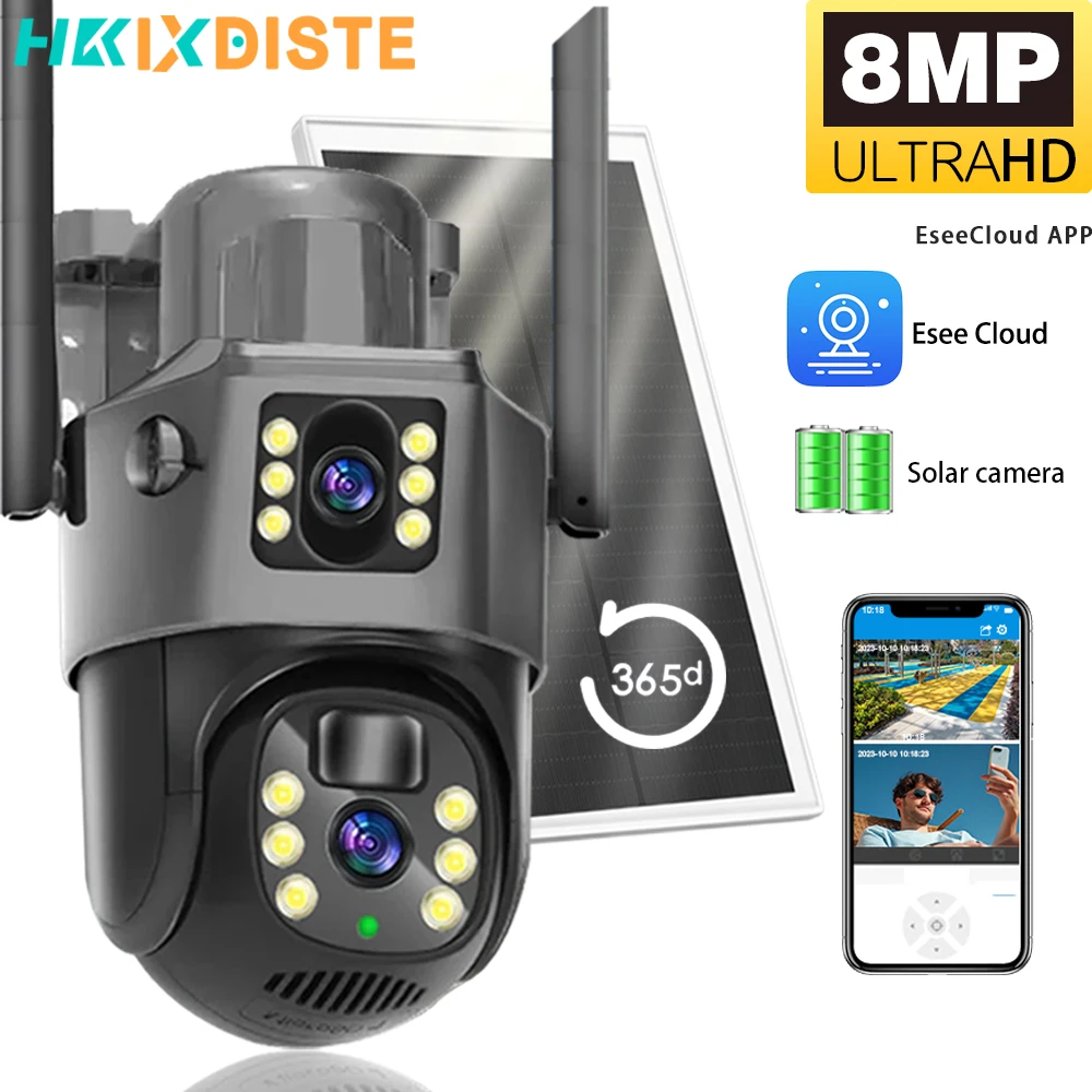 

8MP 4K HD128G Card Solar Camera Outdoor Battery WiFi IP Cam Dual Lens Dual Screen Security-Protection Wireless Surveillance CCTV