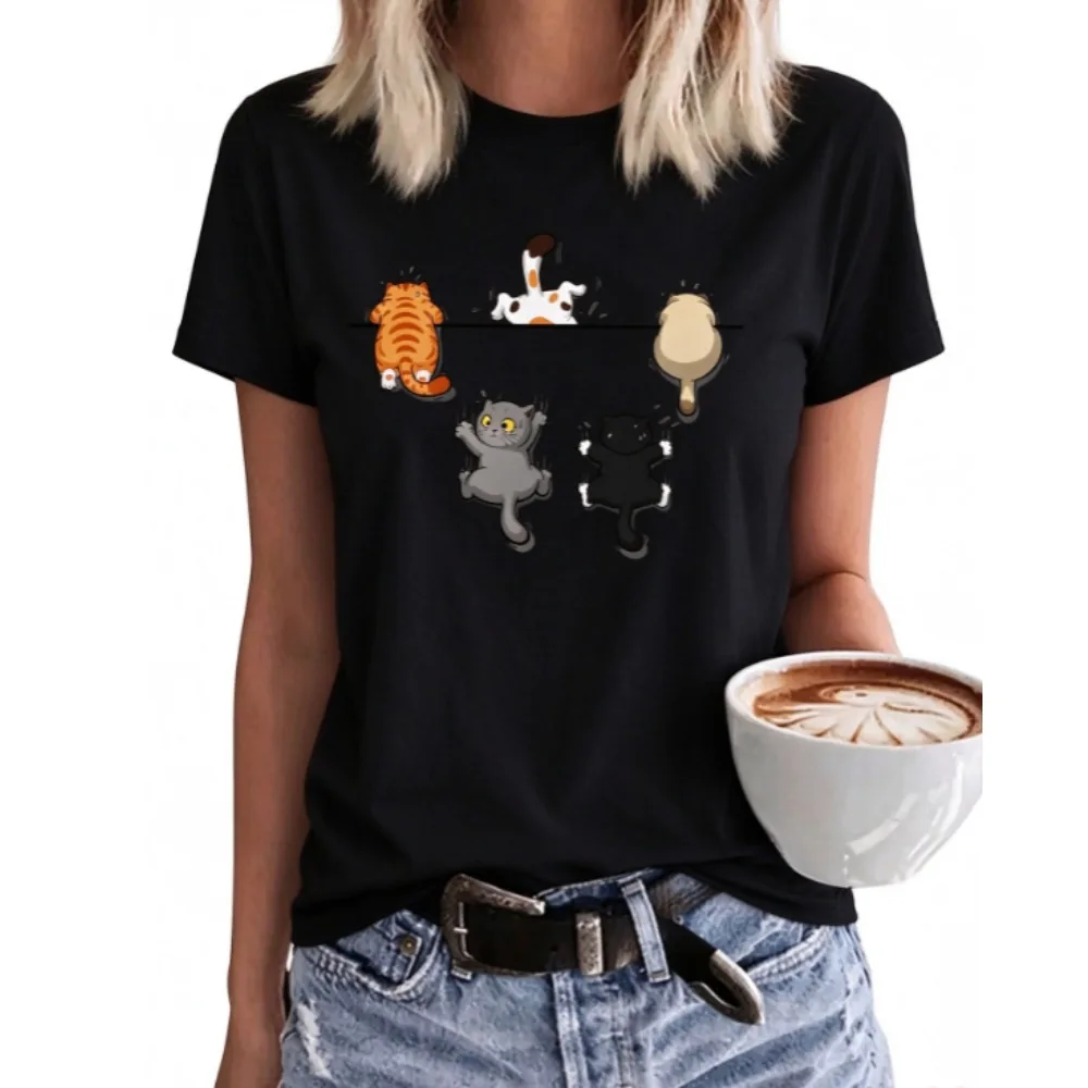 Clumsy Hanging Kittens Graphic Tee, Cute Cartoon Cats Cling On Line Art Print Women Casual Crew Neck Cotton Short Sleeve T-shirt