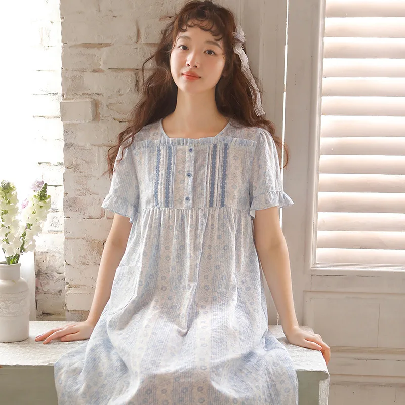 Sweet Floral  Cotton Round Neck Nightgowns For Women  Short Sleeve Loose Elegant Nightwear