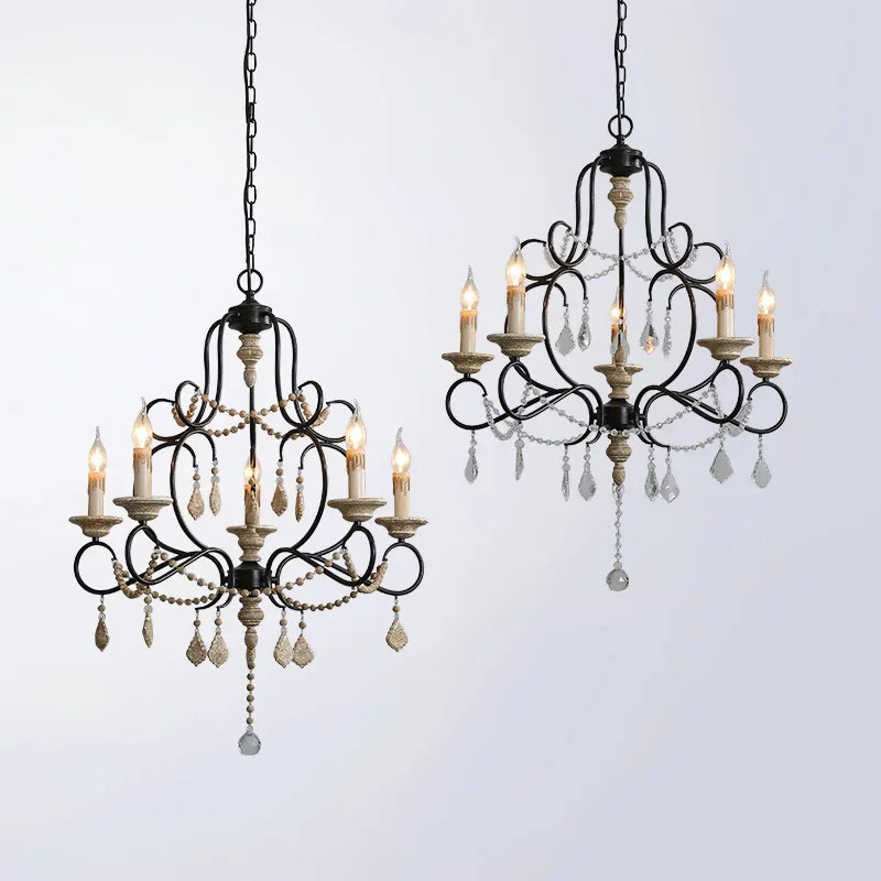 American Countryside Solid Wood Antique Iron Chandelier Living Room Dining Room Crystal Pendent