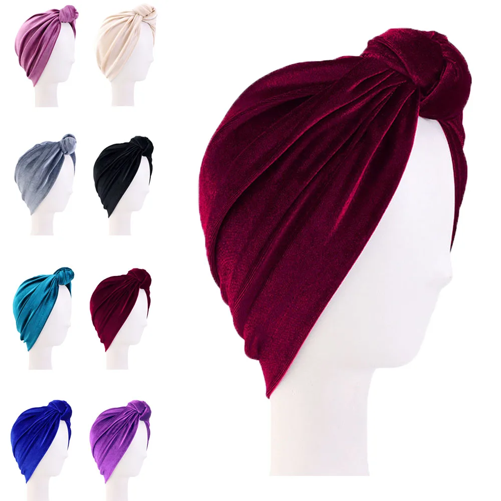 Fashion Velvet Women Top Knotted Turban Chemo Cap Muslim Ready to Wear Hijab Bonnet Femme Musulaman Turbante Headdress India Hat