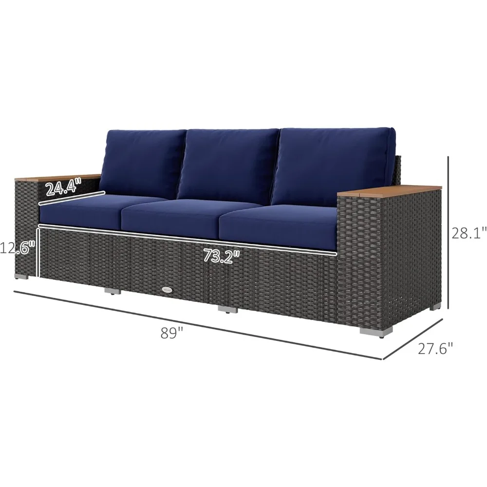 أريكة فناء خارجية بثلاثة مقاعد مع وسائد، أريكة من الخيزران من البولي إيثيلين مع مساند للذراعين واسعة من الخشب والحبوب، أريكة من الخيزران في الهواء الطلق للشرفة، G #2