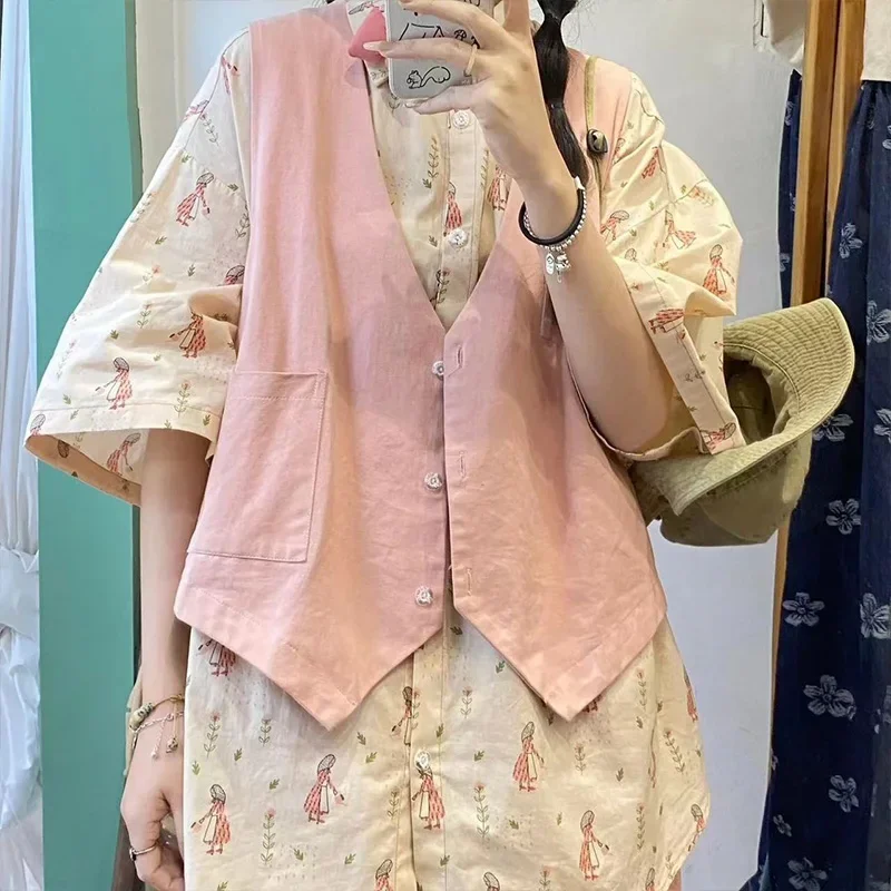 Casual Women's Set Spring Summer New Korean Loose Workwear Solid Color Vest+Printed Short Sleeved Shirt Two-piece Set for Women