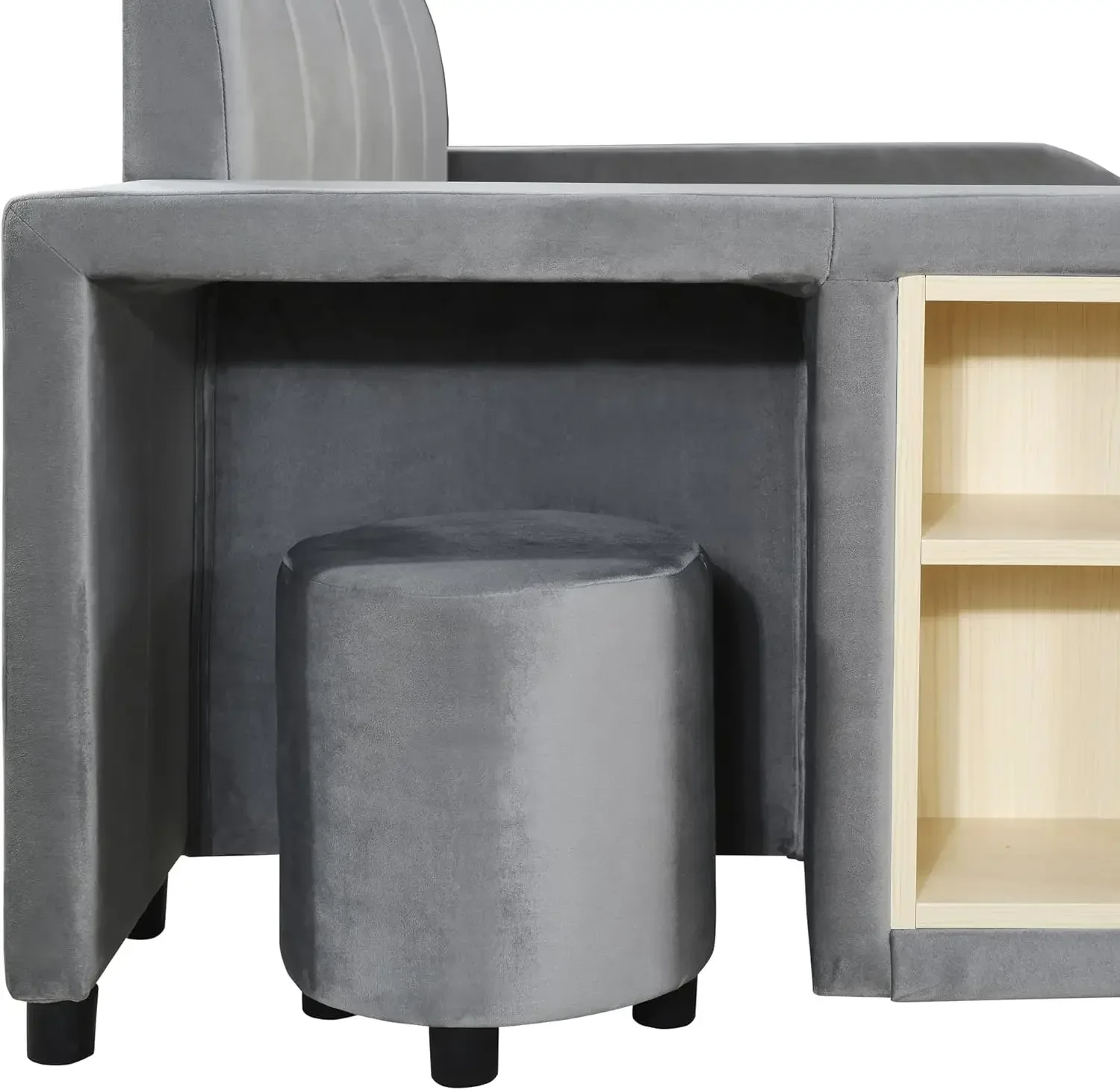 Lit pleine grandeur solutions.com avec mise à la terre, lit mère et enfant avec bureau de chevet et petit tabouret rond, velours, gris