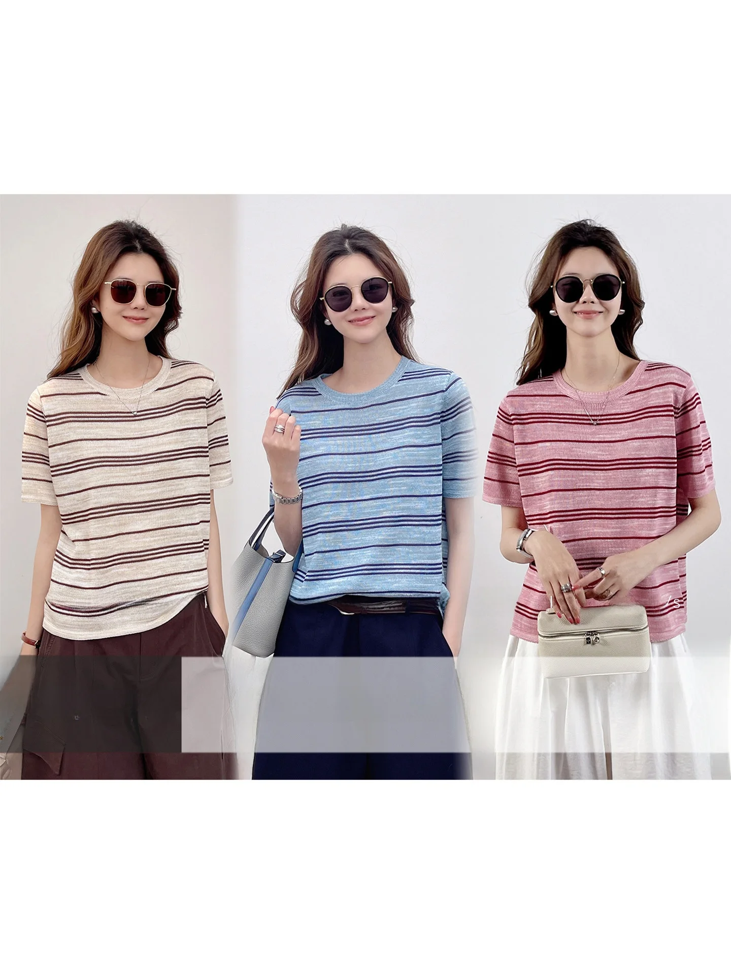 

Женская трикотажная футболка с круглым вырезом и короткими рукавами в полоску, с цветовыми блоками, повседневный стиль, свободный крой, из смесового хлопка, для повышения уровня дофамина