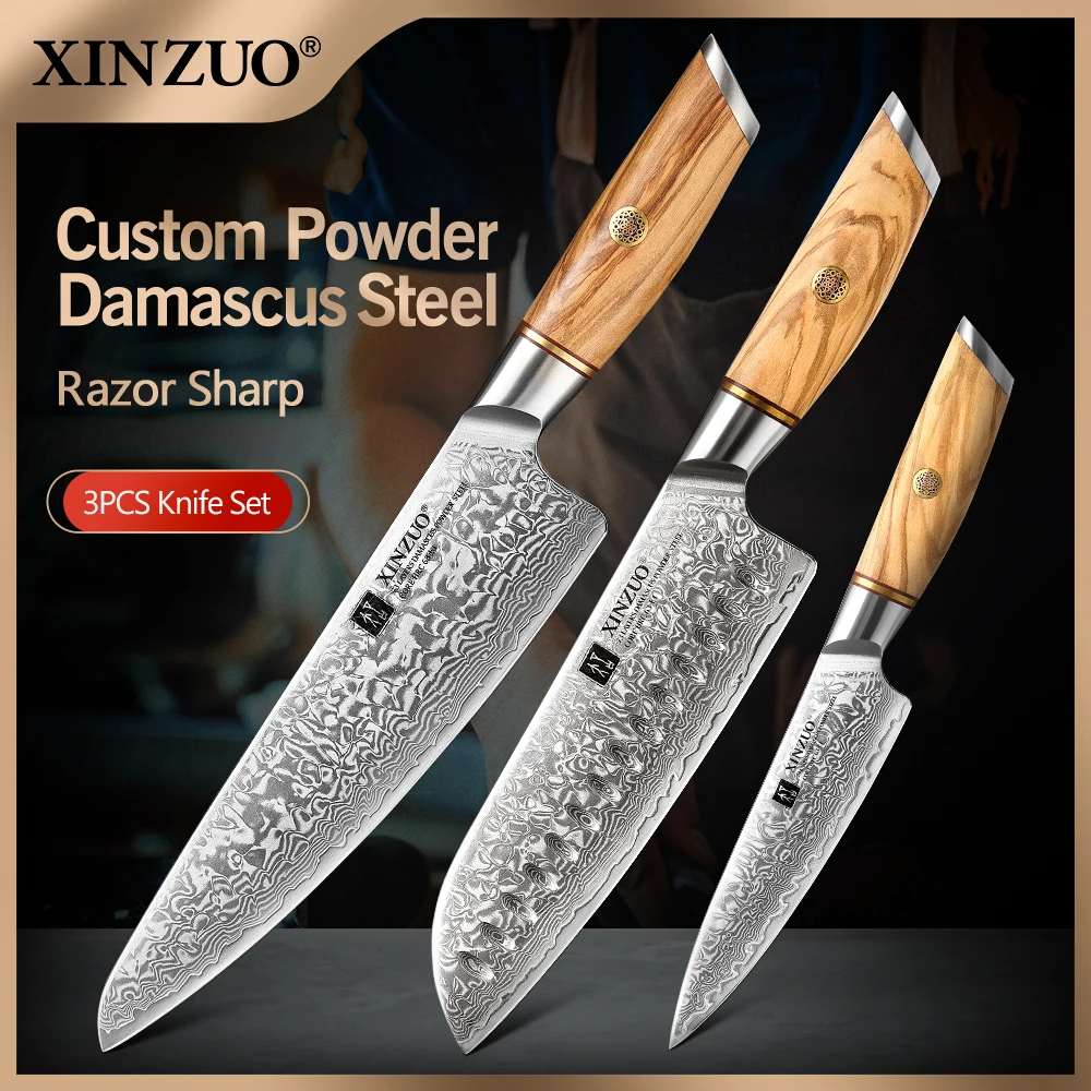 XINZUO 1PC-3PCS Damasceński japoński nóż szefa kuchni ze stali VG10 Nóż Santoku Nóż uniwersalny z rękojeścią z drewna oliwnego i gwoździami z miedzianych kwiatów