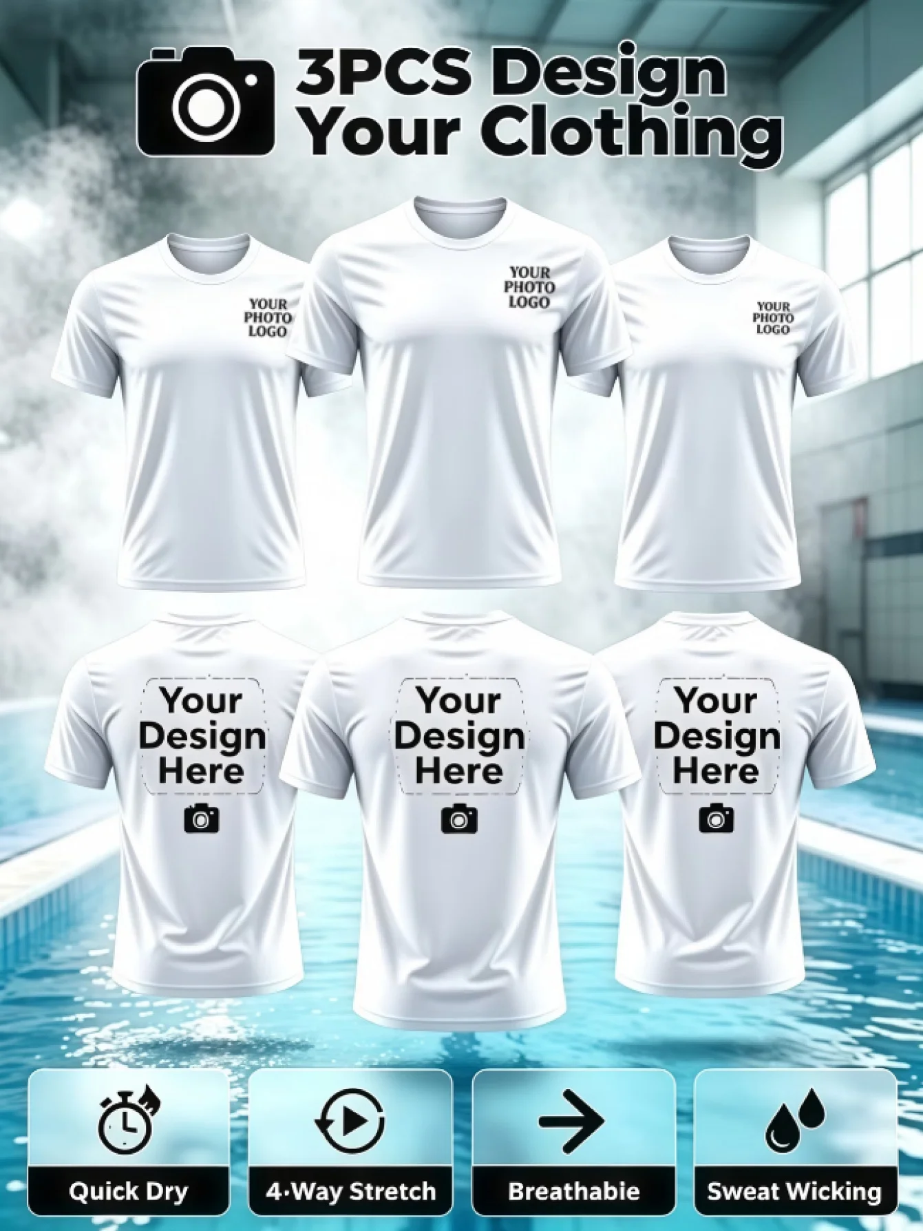 3-piece custom casual round neck T-shirt, chest/back can DIY patterns and text, can be used as team building clothing