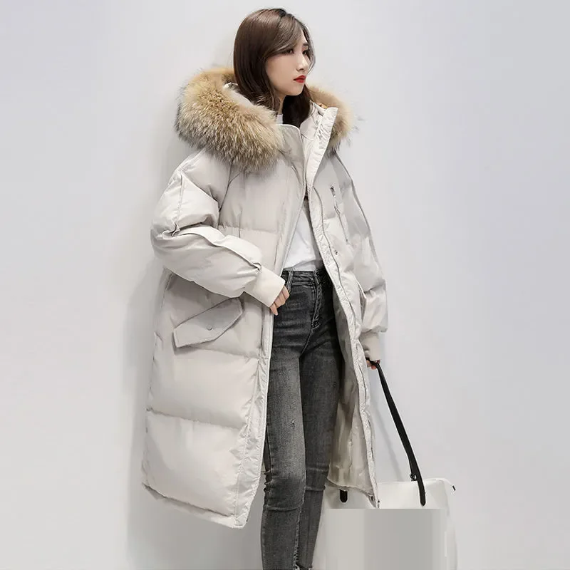 Parkas en duvet pour femmes avec grand col en fourrure, veste d'hiver, manteau optique, coton à capuche, long, automne, mode, 2024