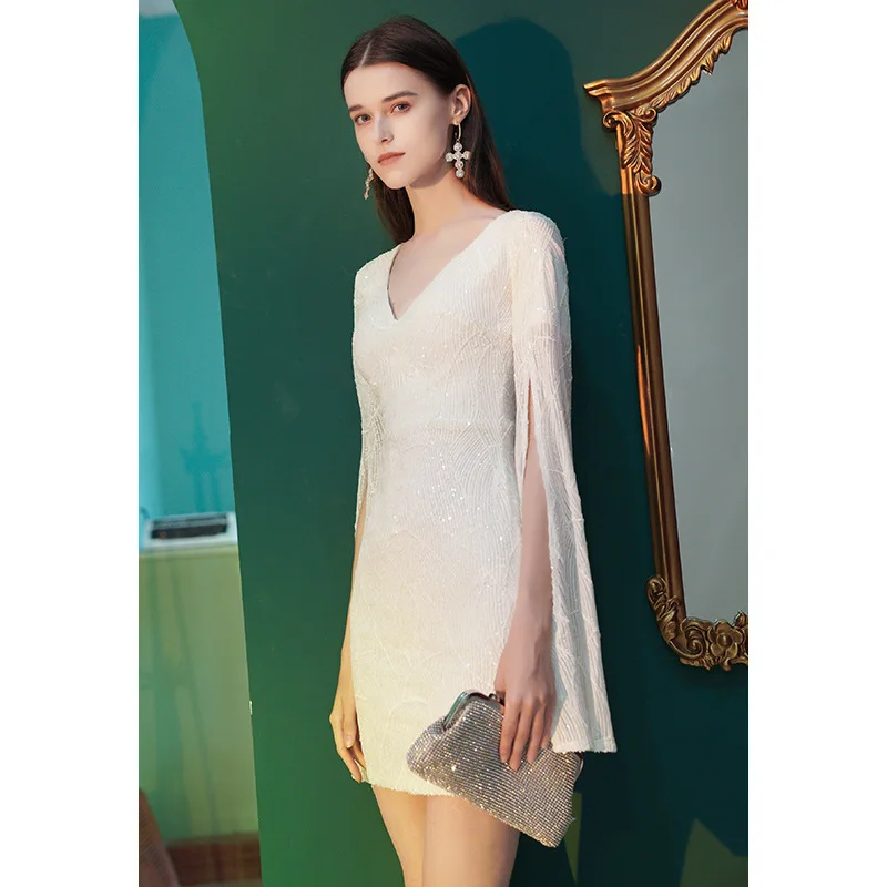 Banquet Evening Dresses Women Summer 2025 Elegant Celebrity Shiny Sequins Sexy V-Neck Long Sleeve Slim Temperament fashion Dress