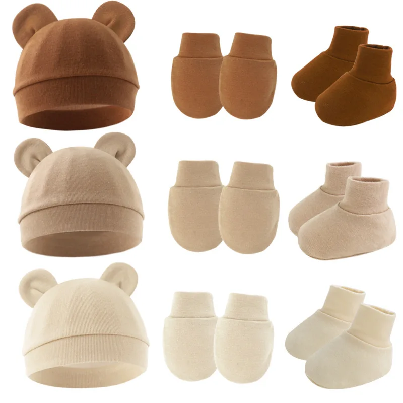 Infant Anti Scratching Gloves Foot Cover Set Solid Color Newborn Hat Face Protection Mittens Footguard Socks Kits New Born Gift
