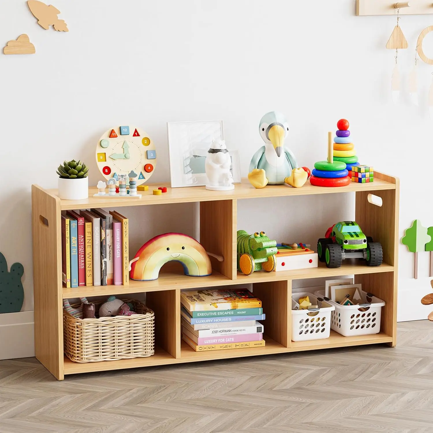 

5-Compartment Wooden Bookshelf for Kids, Montessori Bookcase with Storage for Playroom and Classroom, Natural Finish, 44.5" Wide