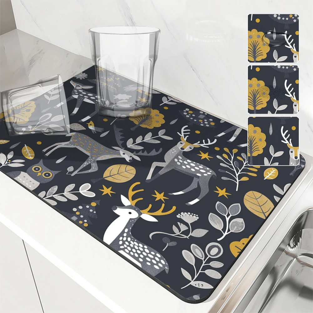 Antiskid Kitchen Absorbent Draining Mat Plants Flowers Super  Draining Coffee Dish Drying Mat Quick Dry Bathroom Drain Pad