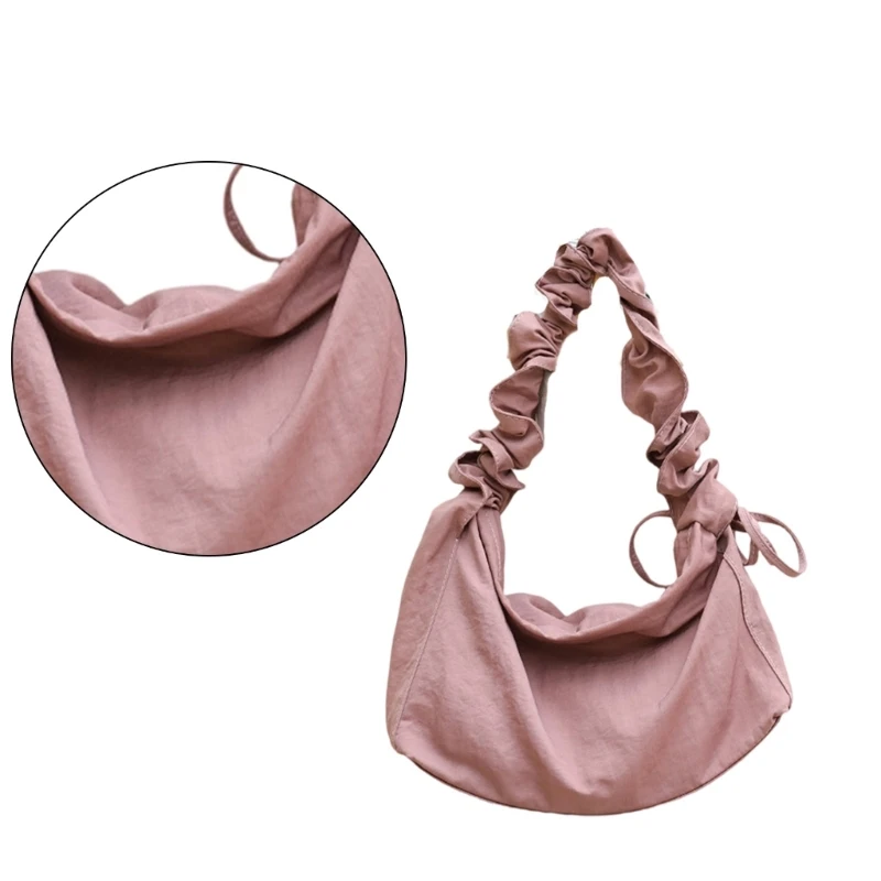 E74B Women Casual Solid Nylon Shoulder Handbag Adjustable Strap Fashion Pleated Drawstrings Crossbody Bag Underarm Purse