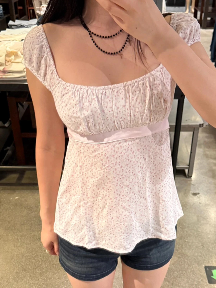 

Pink Floral Print Cinched T-shirt Blouse Women Sexy Folds Square Collar Lace-up T-shirts Summer Sweet Vintage Backless Tops Tees
