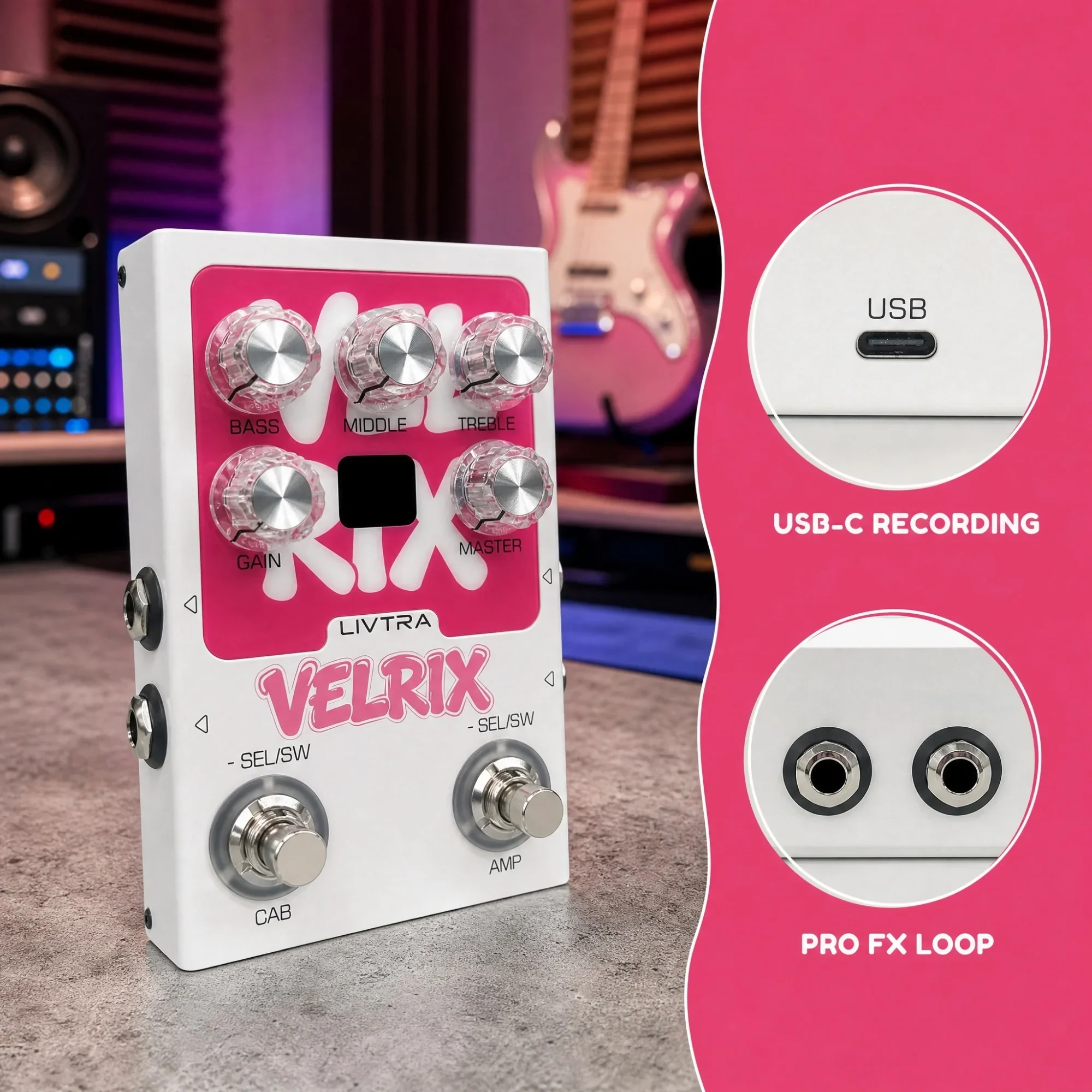 LIVTRA VELRIX Preamp Pedal, 9 Amp Models & 9 IR Cabinets, NAM/IR Import, FX Loop, USB-C OTG Recording, 9V/USB Power