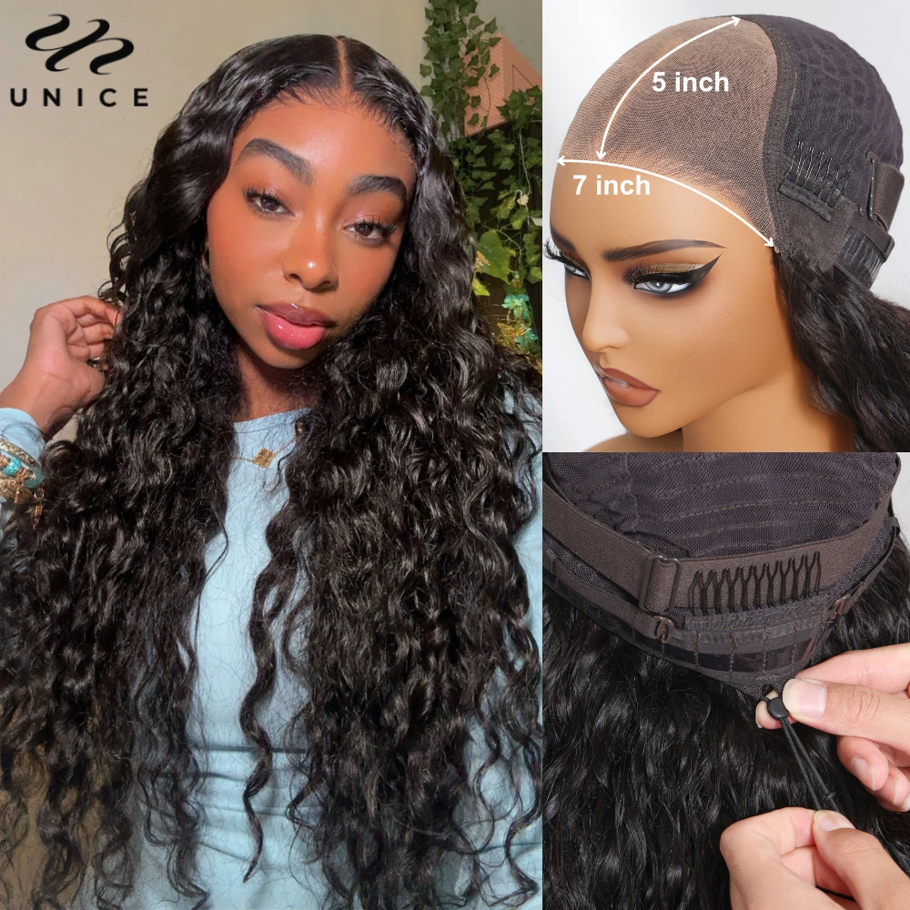 UNICE Upgrade Drawstring Water Wave 7x5 Glueless Wig Pre Cut Pre Bleached Lace Front Human Hair Wig Ready To Wear 180% Density