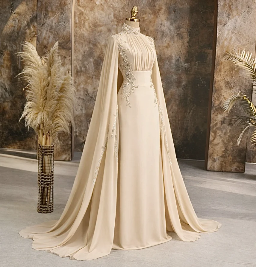 Champagnerfarbene Abendkleider mit langen Ärmeln und Cape-Wickel, hoher Kragen, muslimischer Kaftan, Henna-Abschlussballkleid, formelles Kleid, Kaftan, individuell gestaltet
