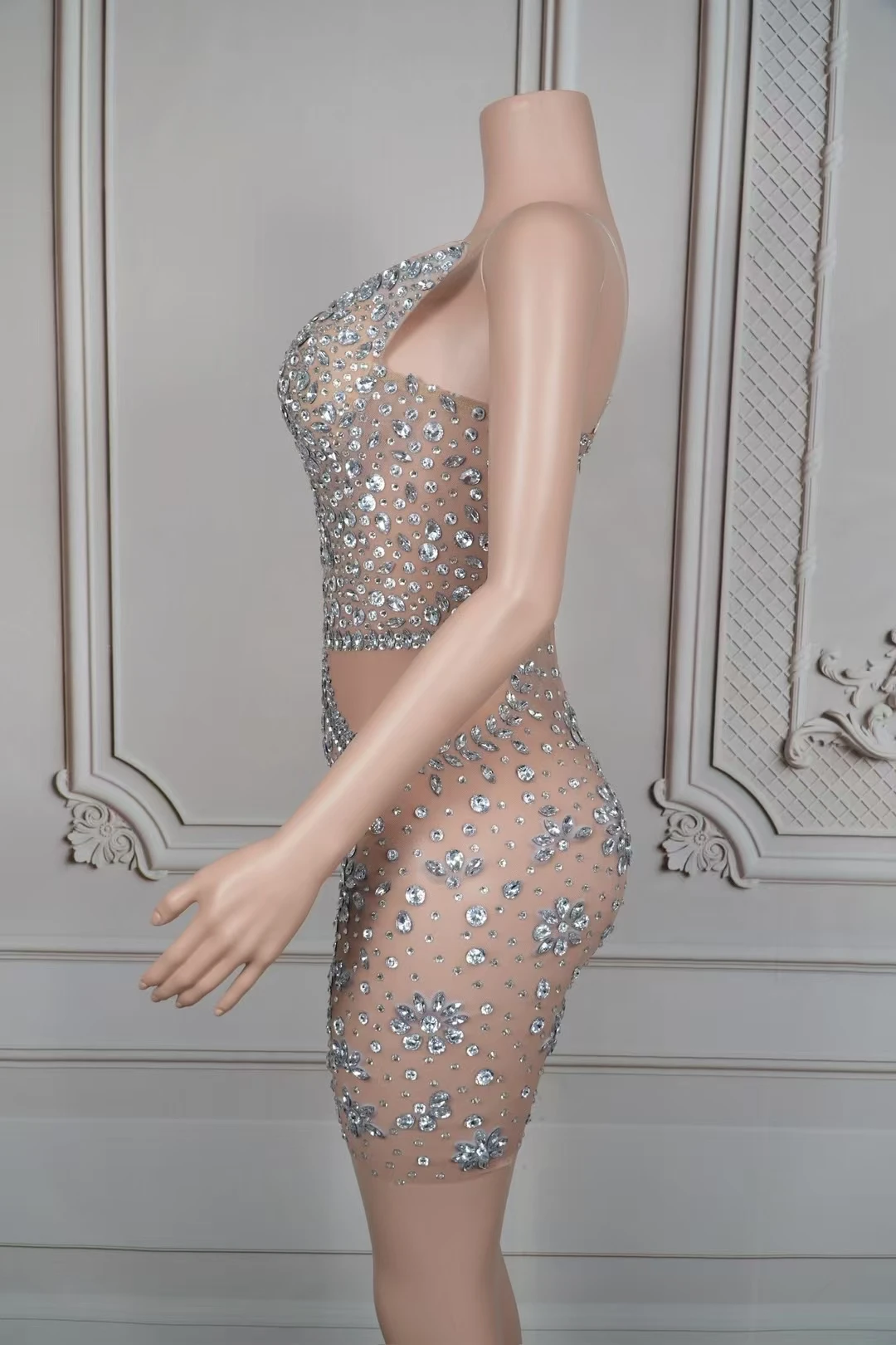 Sparkly Crystals Tight Fitting Short Dress Women Sexy See Through Mesh Celebrate Prom Birthday Dress Photo Shoot Wear Suibing