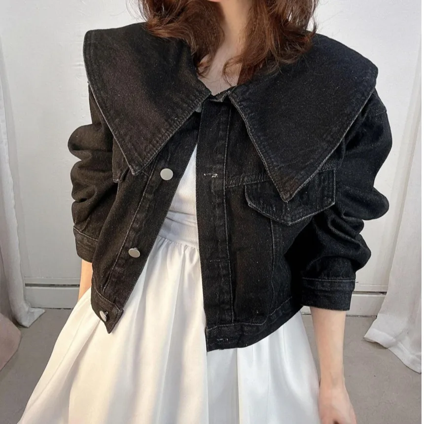 Short Denim Jacket Women's Spring Summer New Style Youthful Doll Collar Single Button Loose Fit Top Three Colors Commute Style