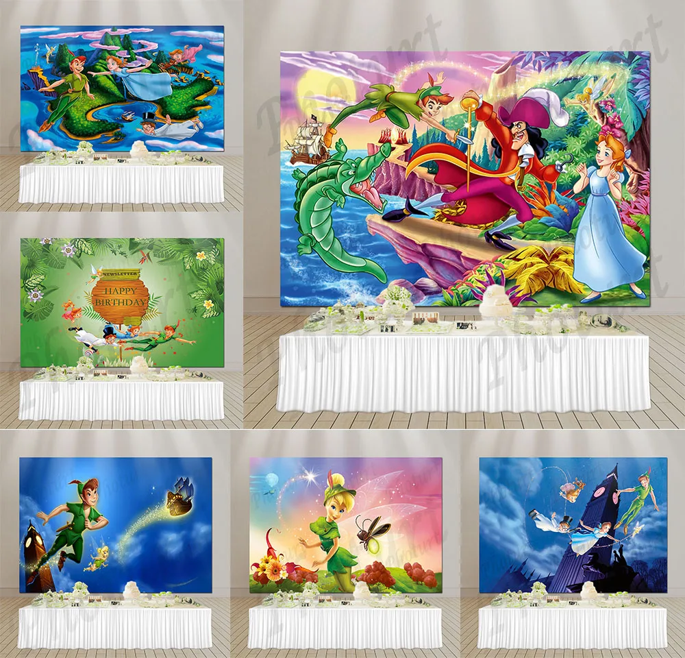 

Disneyland Peter Pan Captain Hook Backdrop Kids Birthday Party Background Tinker Bell Vinyl Photography Banner Decoration Props