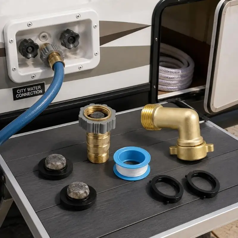 M76E Wasseranschluss-Regler-Set aus Messing mit 90-Grad-Winkeladapter, Gartenschlauch-Gewindeanschluss, Dichtungsband – Detail 7