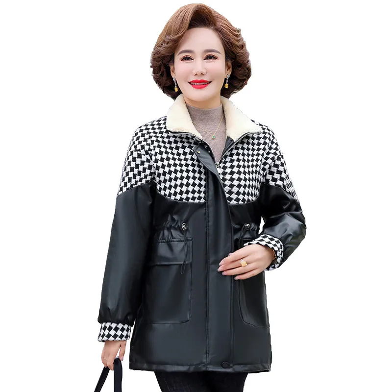 

High Quality Women Winter Parkas Leather patchwork Thicked Warm Jacket Middle Aged Mother Plush Padded Coat Overcoat Outwear